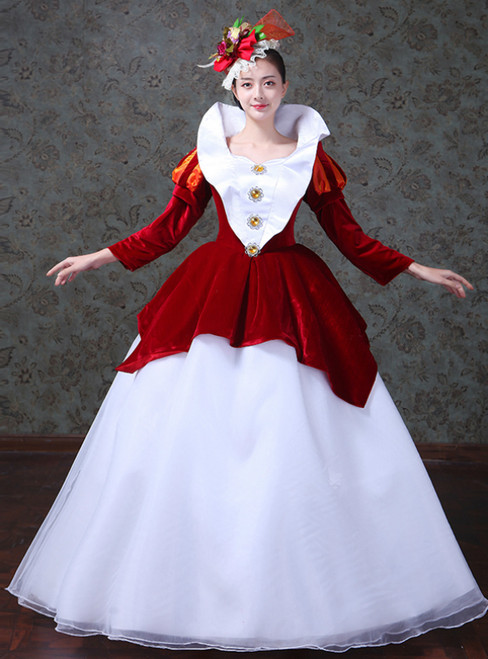 Red Velvet White Tulle Long Sleeve Drama Show Vintage Gown Dress