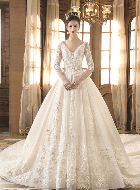 Light Champagne Ball Gown Tulle Appliques Deep V-neck Long Sleeve Wedding Dress