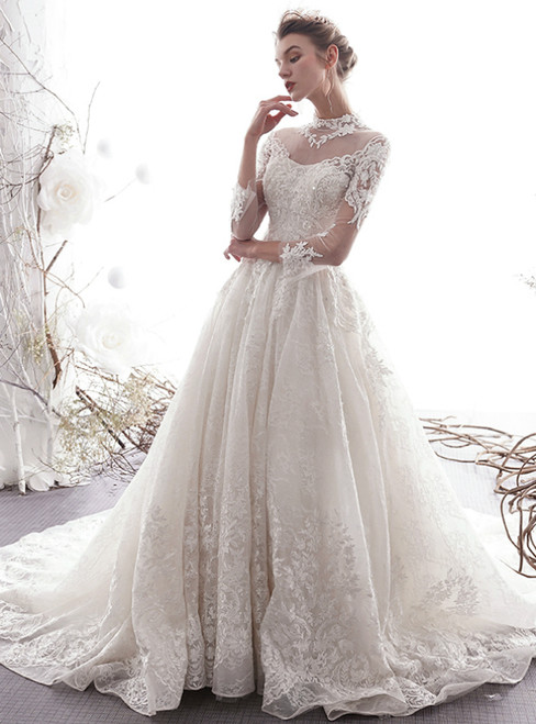 Ivory White Ball Gown Lace Tulle High Neck 3/4 Sleeve Wedding Dress