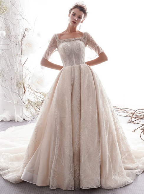 Champagne Ball Gown Tulle Sequins Square Short Sleeve Wedding Dress With Train