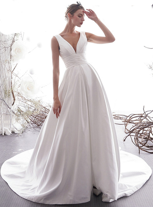 satin deep v neck wedding dress