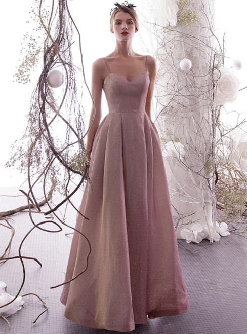 A-Line Gray Pink Spaghetti Straps Backless Long Prom Dress