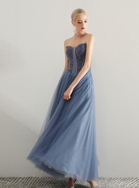 In Stock:Ship in 48 Hours Blue Tulle Sweetheart Prom Dress With Beading