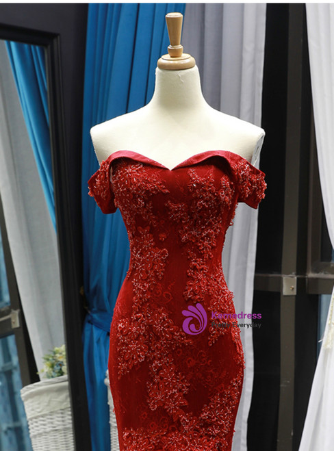 Mermaid Off the Shoulder Tulle Appliques Burgundy Prom Dress LBQ4245