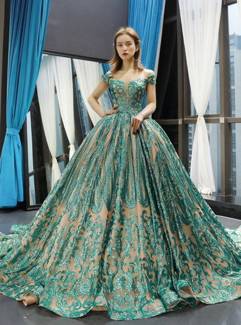 Green Ball Gown Sequins Off The Shoulder Wedding Dress With Train