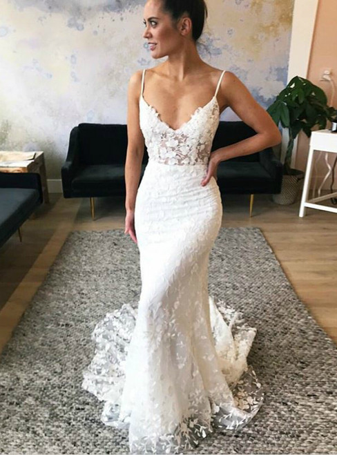 White Mermaid Spaghetti Straps Lace Wedding Dress With Appliques