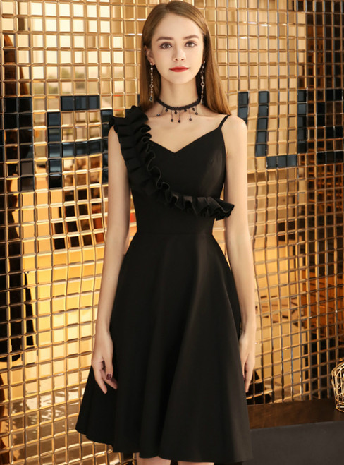 In Stock:Ship in 48 Hours Black Satin Asymmetrical Neck Homecoming Dress