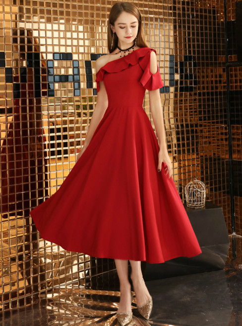 In Stock:Ship in 48 Hours Burgundy One Shoulder Tea Length Prom Dress