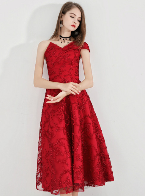 In Stock:Ship in 48 Hours Red Lace One Shoulder Prom Dress