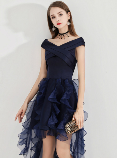 In Stock:Ship in 48 Hours Navy Blue Hi Lo Satin Organza Homecoming Dress