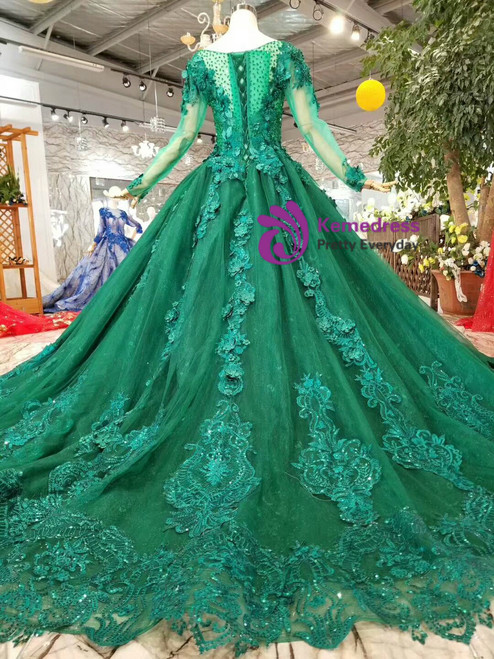 Green Ball Gown Tulle Appliques Long Sleeve Wedding Dress With Beading