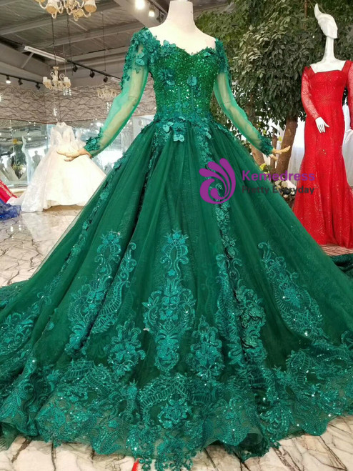 Green Ball Gown Tulle Appliques Long Sleeve Wedding Dress With Beading