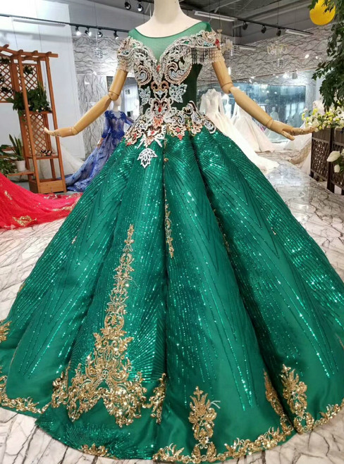 Green Ball Gown Sequins Bateau Appliques Cap Sleeve Wedding Dress