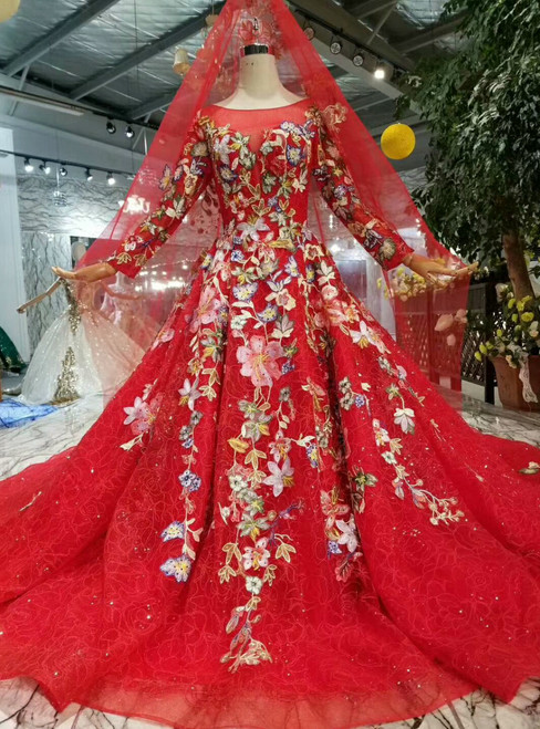Red Ball Gown Tulle Embroidery Appliques Long Sleeve Wedding Dress With Removable Train