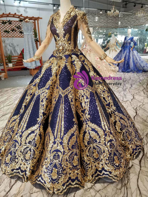 Blue Ball Gown Sequins Gold Sequins Appliques V-neck Long Sleeve ...