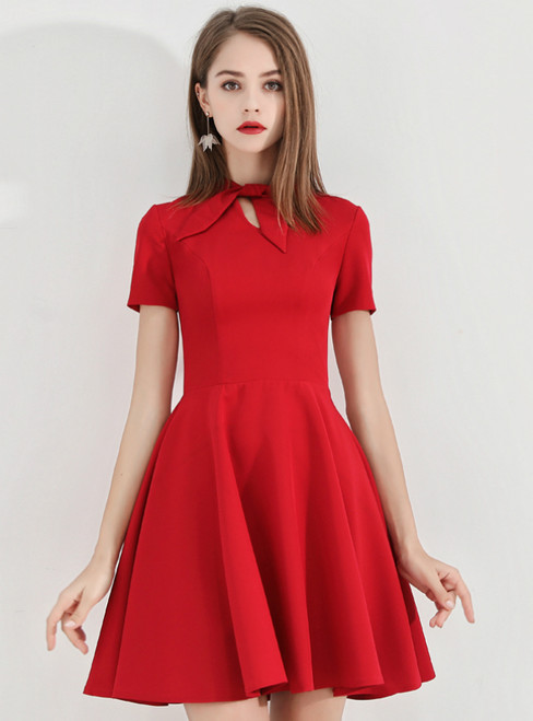 In Stock:Ship in 48 Hours Red Satin Short Sleeve Homecoming Dress