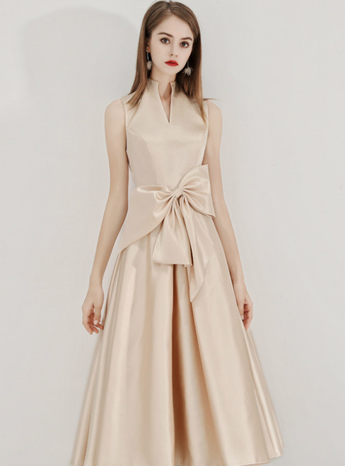 In Stock:Ship in 48 Hours Champagne Satin High Neck Prom Dress With Bow