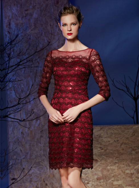 Burgundy Sheath Lace 3/4 Sleeve Sequins Mother Of The Bride Dress