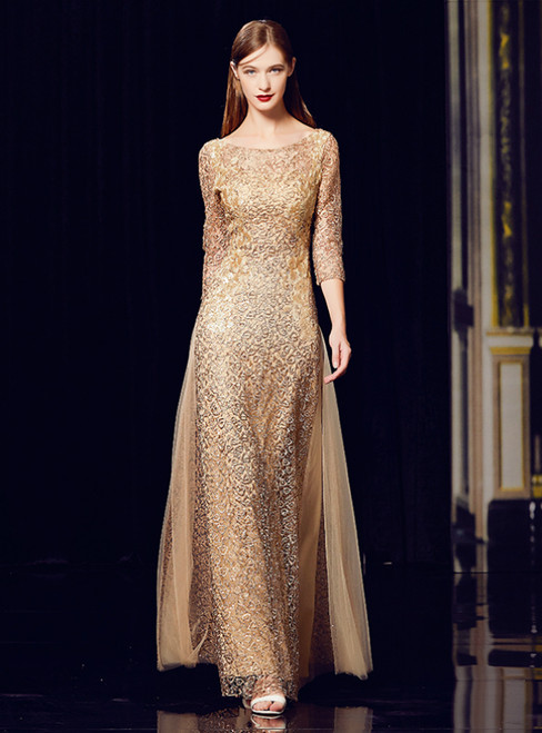 A-Line Champagne Gold Sequins Tulle 3/4 Sleeve Appliques Long Mother Of The Bride Dress