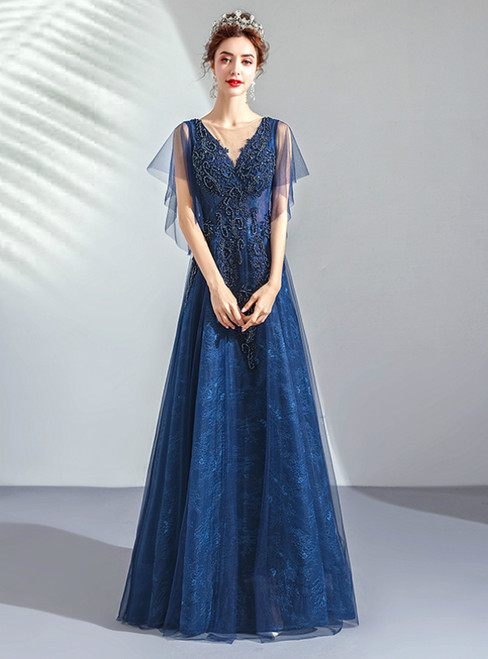 In Stock:Ship in 48 Hours Blue Tulle V-neck Long Prom Dress With Beading