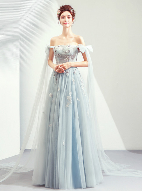 In Stock:Ship in 48 Hours Gray Tulle Appliques Off the Shoulder Prom Dress