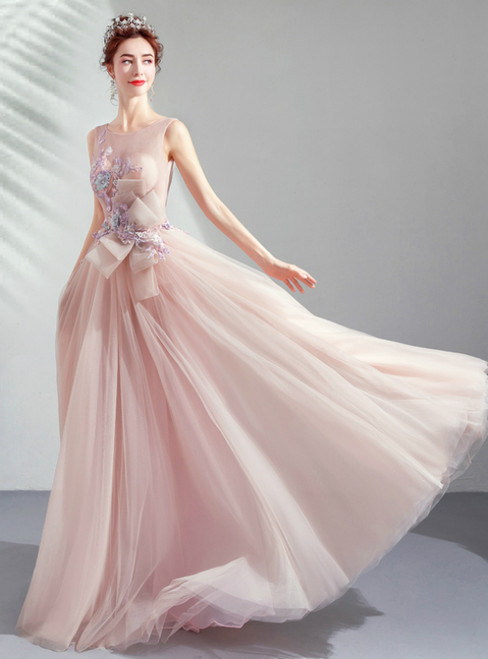 In Stock:Ship in 48 Hours Pink Tulle Appliques Backless Prom Dress