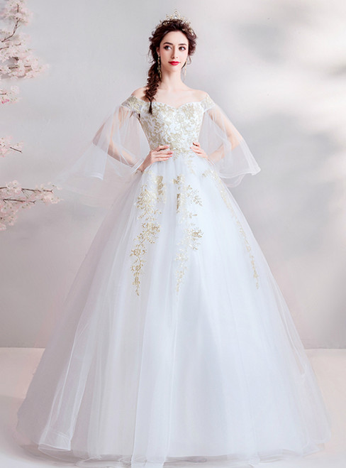 In Stock:Ship in 48 Hours White Ball Gown Tulle Appliques Wedding Dress