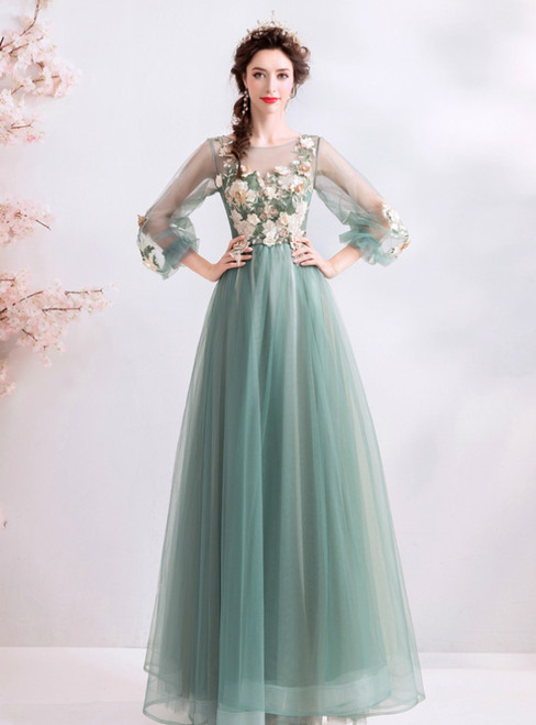 In Stock:Ship in 48 Hours Long Emerald Tulle Appliques Prom Dress