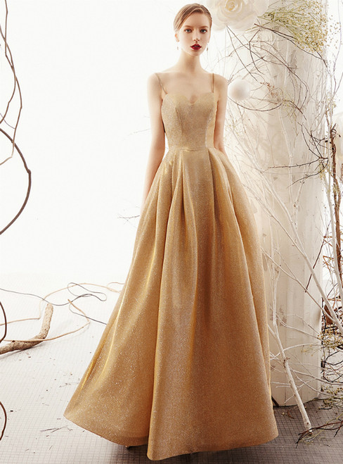 Champagne Gold Spaghetti Straps Prom Dress