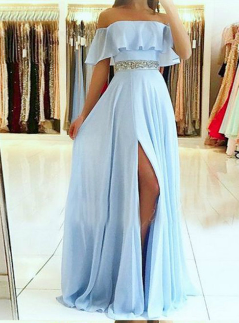 A-Line Blue Chiffon Off The Shoulder Long Prom Dress With Crystal