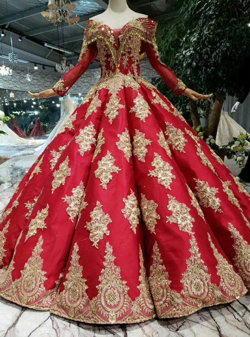 Red Ball Gown Gold Appliques Off The Shoulder Beading Wedding Dress