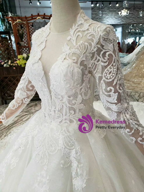 White V Neck Appliques Tulle Wedding Dresses with Pleats LBQW0096 main image 1