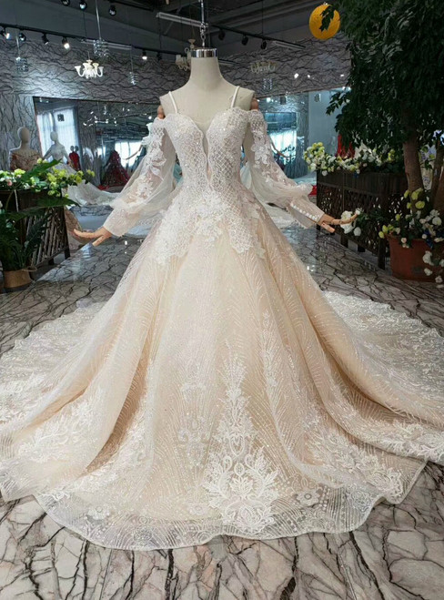 Champagne Ball Gown Tulle Sequins Spaghetti Straps Appliques Wedding Dress