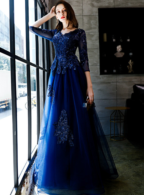 In Stock:Ship in 48 Hours Navy Blue Tulle 3/4 Sleeve Appliques Prom Dress