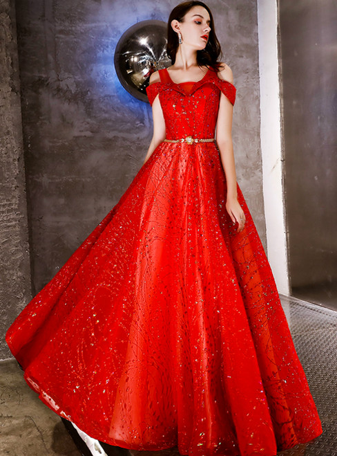 In Stock:Ship in 48 Hours Red Tulle Sequins Prom Dress With Sash