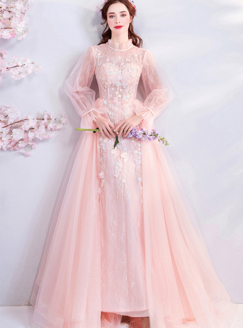 In Stock:Ship in 48 Hours Pink Tulle Long Sleeve Appliques Prom Dress