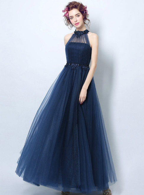 In Stock:Ship in 48 Hours A-Line Halter Tulle Backless Prom Dress