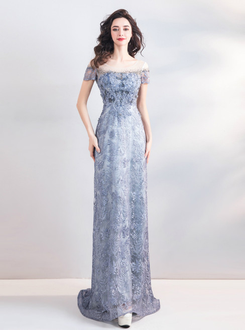 In Stock:Ship in 48 Hours Light Blue Lace Appliques Cap Sleeve Prom Dress