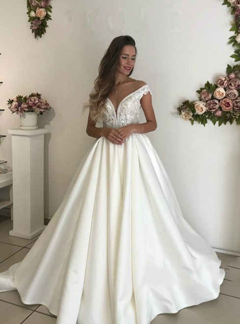Ball Gown Satin Off The Shoulder Appliques Backless Wedding Dress