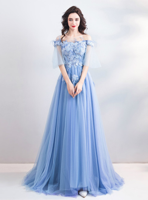 In Stock:Ship in 48 Hours Blue Tulle Off the Shoulder Appliques Prom Dress