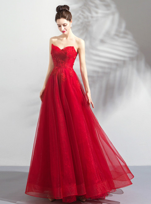 In Stock:Ship in 48 Hours Red Sweetheart Neck Tulle Prom Dress