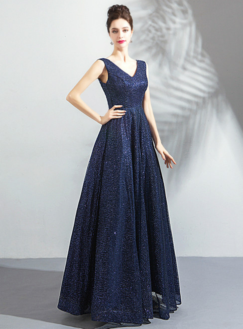 In Stock:Ship in 48 Hours Navy Blue V-neck Backless Sequins Prom Dress