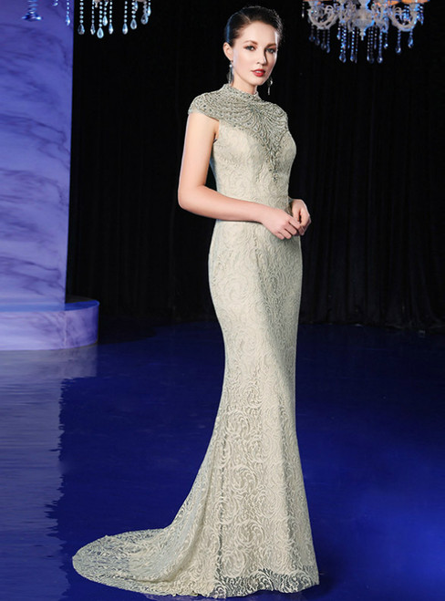 Champagne Lace Mermaid High Neck Cap Sleeve Prom Dress