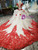 Champagne Ball Gown Tulle Red Lace Appliques Short Sleeve Wedding Dress