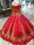 Red Ball Gown Sequins Off the Shoulder Long Wedding Dress