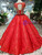 Red Ball Gown Lace Cap Sleeve Backless Wedding Dress With Beading