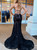 Black Mermaid Lace Spaghetti Straps Cross Straps Back Prom Dress