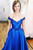 Royal Blue Satin Off the Shoulder Appliques Prom Dress With Sash