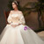 White Ball Gown Satin Off the Shoulder Puff Sleeve Wedding Dress With Bow