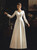 V-neck long sleeve satin A-line wedding dress with Basque waist